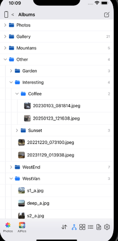 Tree view: an expandable outline of folders, with item counts