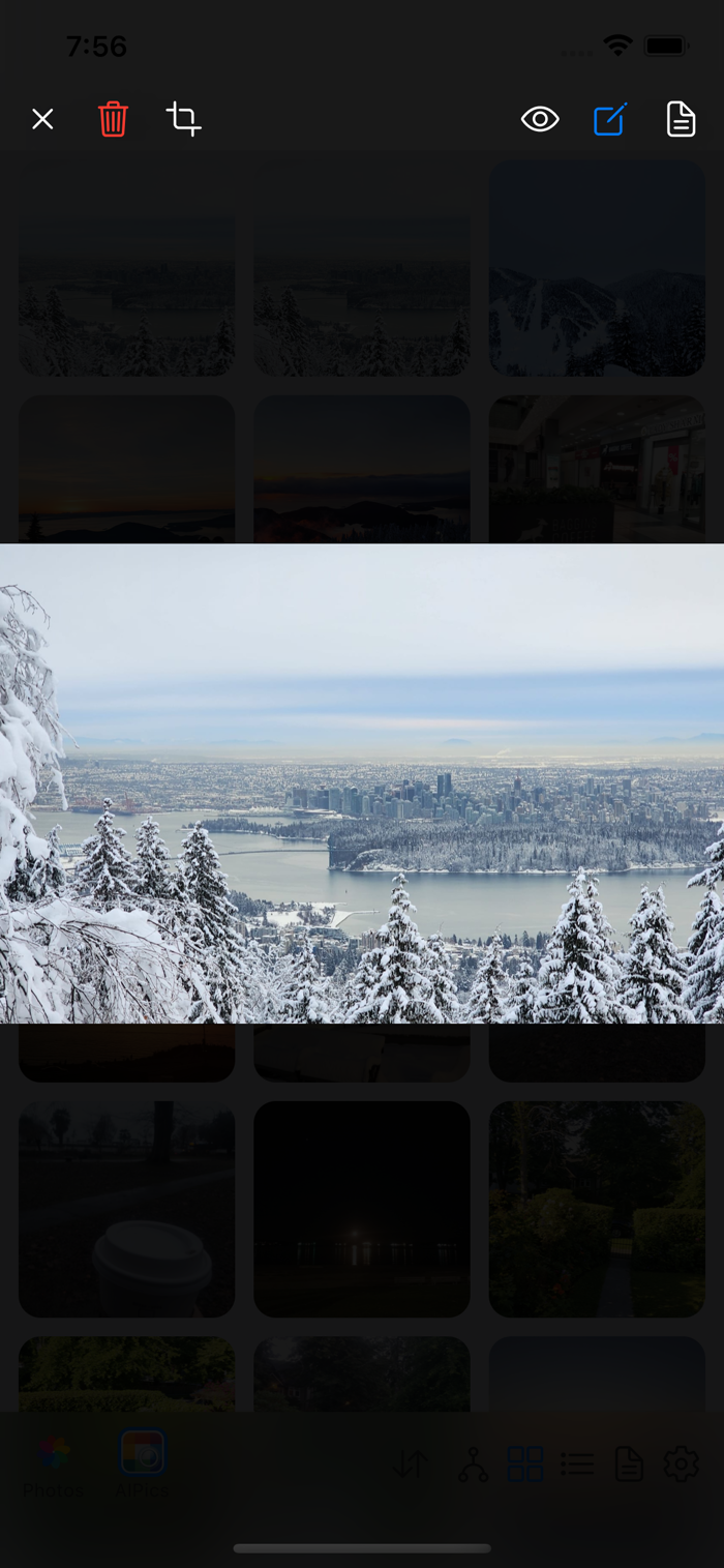 Full-screen viewer in Edit mode: trash and crop icons