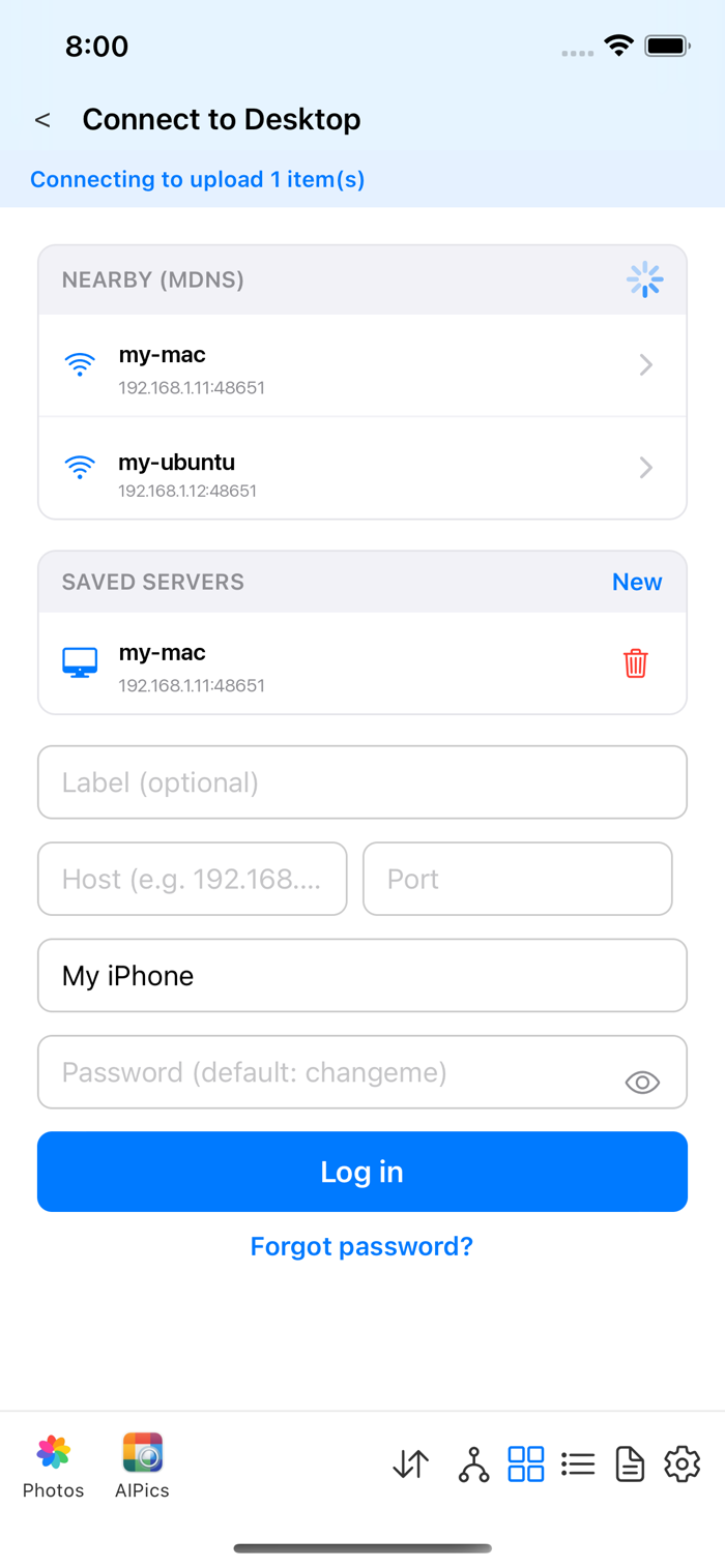 Подключение к Desktop-серверу: найденные по mDNS серверы, сохранённые серверы и форма входа