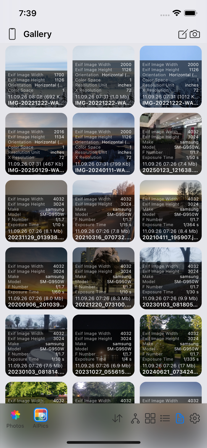 Документ: плитки сетки с наложением EXIF-деталей на каждое фото