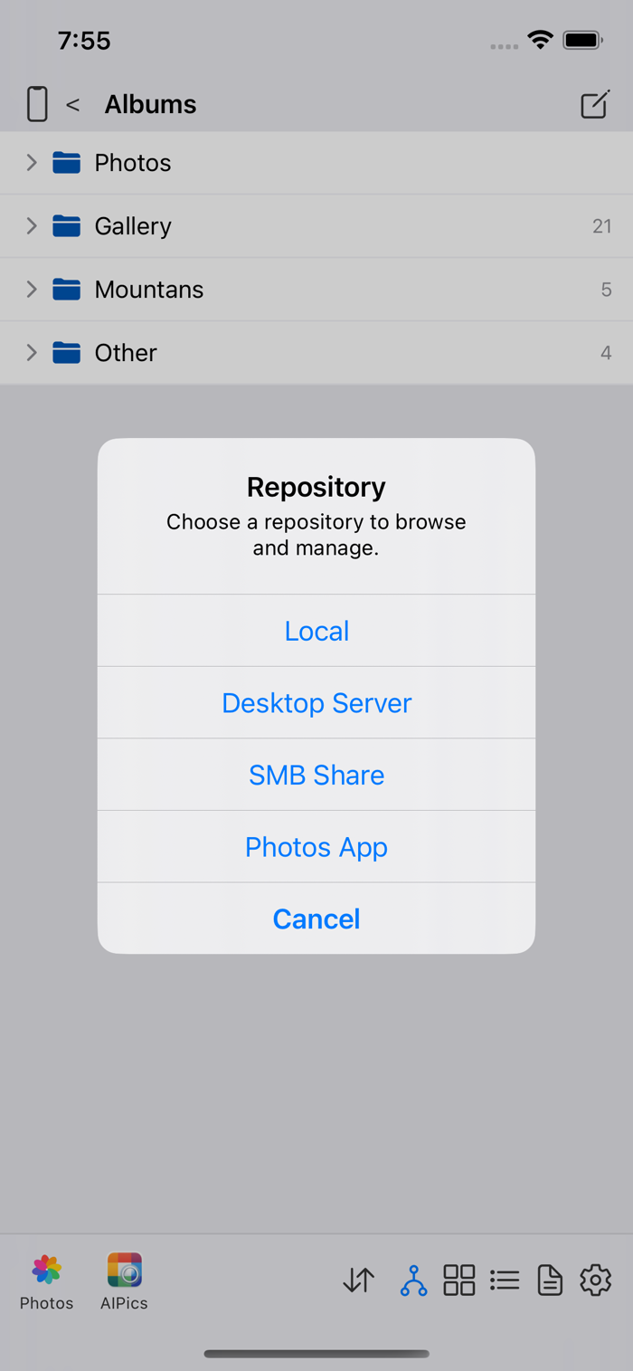 Выбор репозитория: Local, Desktop Server, SMB Share, Photos App